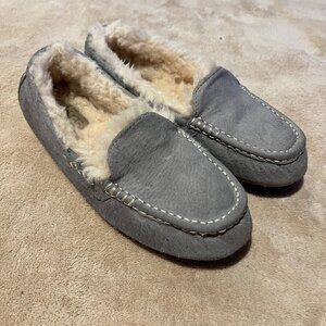 UGG Slippers Women's Light Gray Suede Sheepskin Ansley Moccasins Slip On Size 7